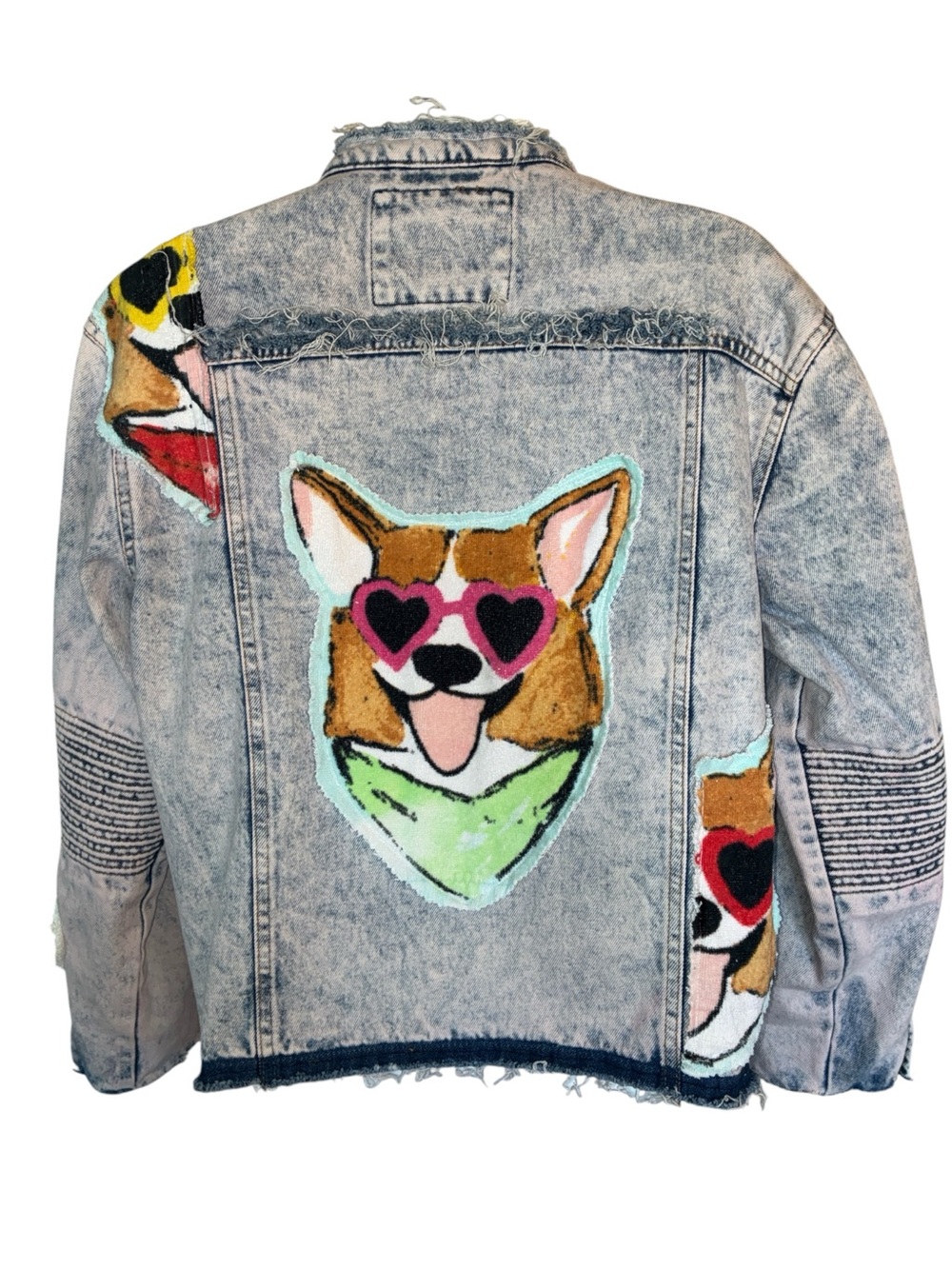 Corgi Denim Jacket L, by 'Ragamuffin Couture" OOAK. Pssst! They're watching you!